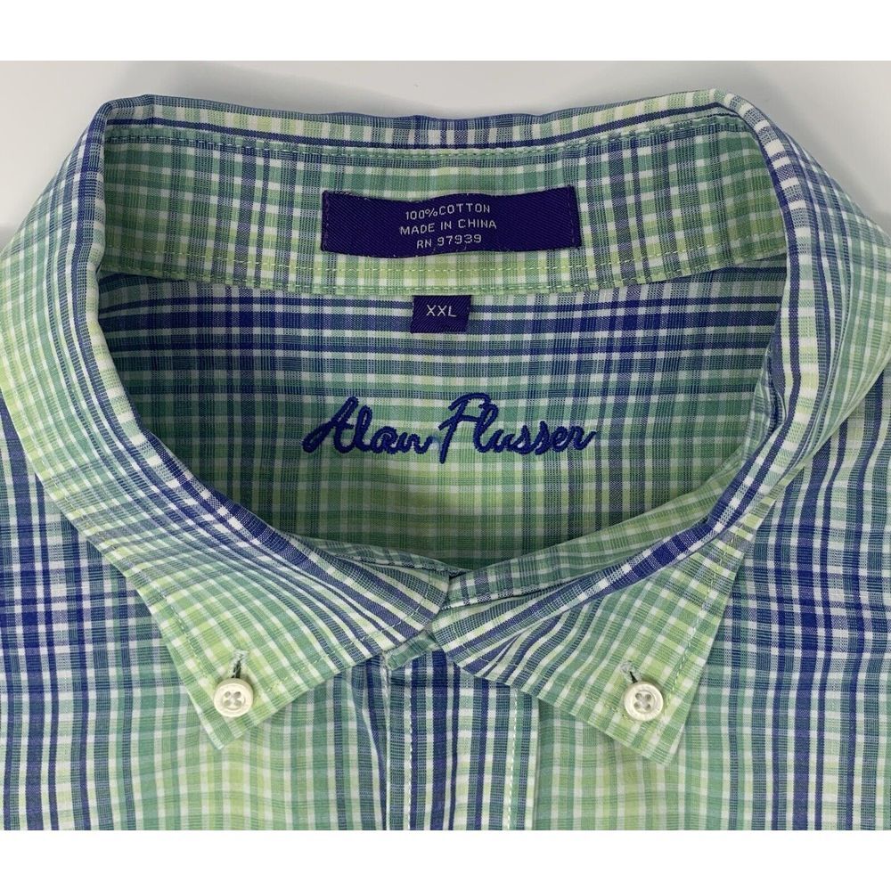 Alan Flusser Blue Yellow Green Cotton Plaid Men's Long Sleeve Shirt Size XXL - Picture 4 of 7